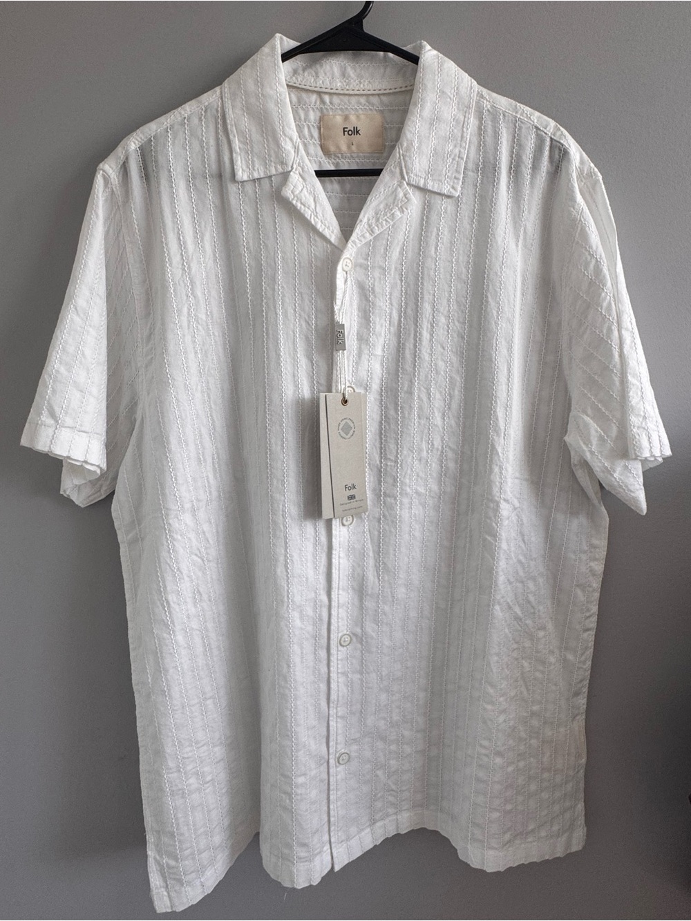 Folk‎ Soft Collar Dobby Stripe Shirt Off White Cotton Men's L NWT